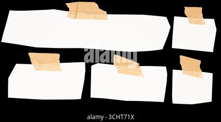 Set of various white cardboard pieces attached with masking tape, isolated on black background, creating a template for messages Stock Photo