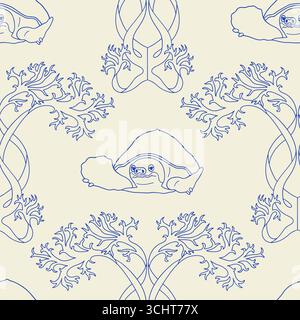 Cute sea turtles and algae coastal toile seamless pattern vector illustration Stock Vector