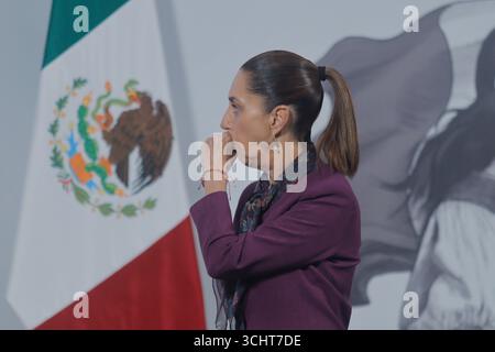 Mexico City, Mexico. 03rd Sep, 2025. Mexico's President Claudia Sheinbaum Pardo speaks during a news conference on coffee Bienestar, which comes from small producers of the bean from indigenous peoples, which will be marketed in Bienestar stores at National Palace. on September 3, 2025 in Mexico City, Mexico. (Photo by Carlos Santiago/ Credit: Eyepix Group/Alamy Live News Stock Photo