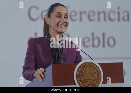 Mexico City, Mexico. 03rd Sep, 2025. Mexico's President Claudia Sheinbaum Pardo speaks during a news conference on coffee Bienestar, which comes from small producers of the bean from indigenous peoples, which will be marketed in Bienestar stores at National Palace. on September 3, 2025 in Mexico City, Mexico. (Photo by Carlos Santiago/ Credit: Eyepix Group/Alamy Live News Stock Photo