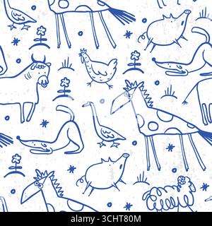 Seamless farm animals pattern with funny doodle line drawing design Stock Vector