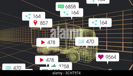 Displaying wireframe truck trailer model in virtual 3D grid space, with annotation boxes and icons Stock Photo
