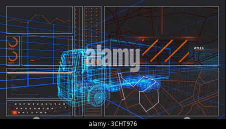 Displaying neon-blue truck wireframe on digital interface, with chart, gauges and road map Stock Photo