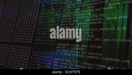 Displaying terminal showing Nmap scan on dark screen, with TCP ports, hex dump, green code stream Stock Photo