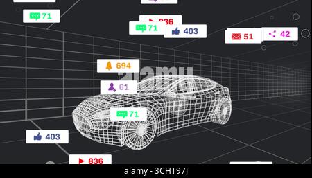 Floating social media icons hovering around 3D wireframe car model in virtual grid, with metrics Stock Photo