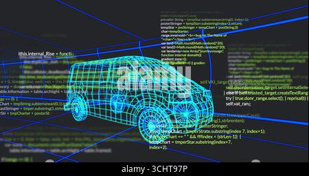 Presenting 3D turquoise van model rotating in virtual interface, with neon blue grid and code Stock Photo