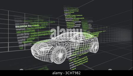 Rendering white wireframe sports car rotating in dark 3D grid space, with floating code snippets Stock Photo
