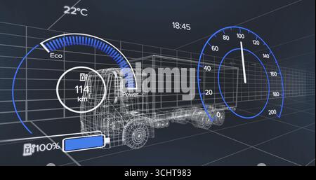Displaying 3D truck wireframe rotating on 3D grid, with eco–power, range and battery indicators Stock Photo