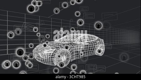 Rotating wireframe car model floating in virtual 3D grid, with user icons, chat bubbles, data lines Stock Photo
