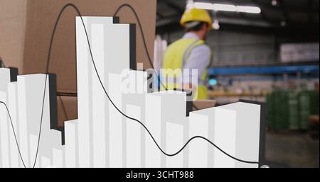 Showing bar graph overlay on worker wearing safety helmet and vest in warehouse aisle, copy space Stock Photo