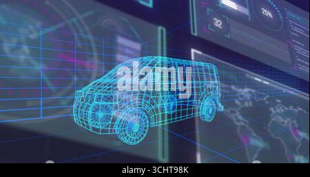 Displaying neon-blue wireframe van model rotating in 3D workspace, with grid lines and data charts Stock Photo