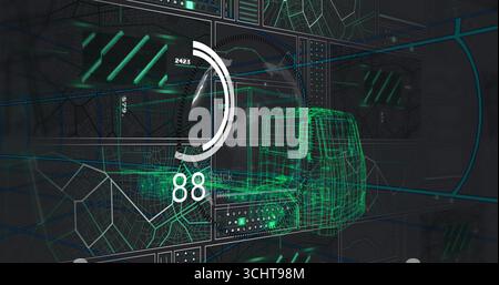 Displaying white semi-circular gauge showing 88 at control interface, with wireframe vehicle model Stock Photo
