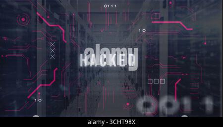 Displaying glowing HACKED text over data center corridor, with server racks and binary digits Stock Photo