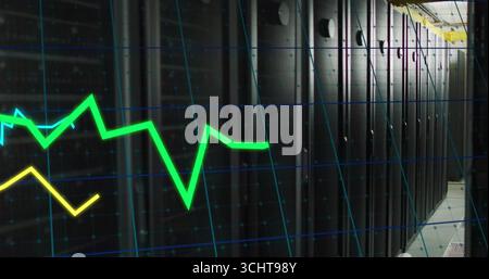 Lining black server racks in server room corridor, grid overlay showing neon green or yellow graphs Stock Photo