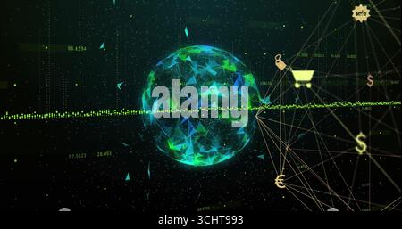 Floating polygonal globe streaming green data points in virtual network, with currency symbols Stock Photo