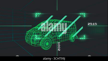 Displaying neon green 3D wireframe passenger van rotating in grid interface, featuring HUD brackets Stock Photo