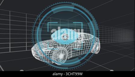 Displaying wireframe sports car model rotating in virtual design studio, with blue HUD overlay Stock Photo