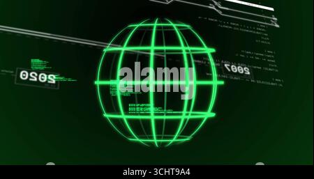 Displaying glowing green wireframe sphere hovering at center of interface, with floating code Stock Photo