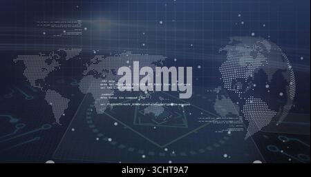 Displaying dotted world map on futuristic screen, with dotted globe, code snippets, glowing grid Stock Photo