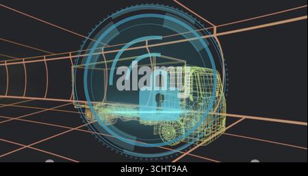 Presenting wireframe cargo truck traveling through virtual tunnel with padlock icon and HUD circles Stock Photo