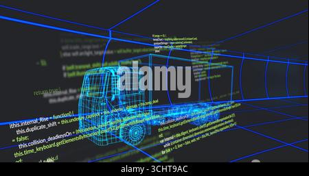 Displaying neon-blue wireframe semi-truck model filling 3D grid space, with floating code snippets Stock Photo