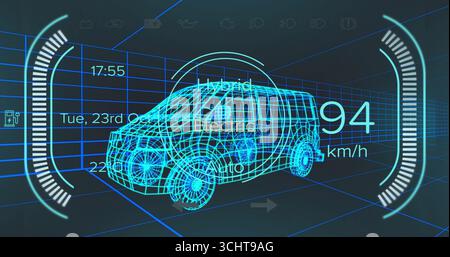 Displaying wireframe 3D van rotating in virtual cockpit simulation, with speed readout overlays Stock Photo