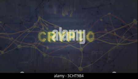 Displaying pixelated CRYPTO pulsing over dark digital circuit backdrop, with glowing network nodes Stock Photo