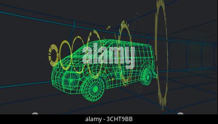 Displaying green wireframe cargo van scanning inside tunnel with blue grid lines, yellow rings Stock Photo