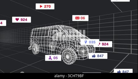 Displaying wireframe van model floating inside virtual 3D grid tunnel, hovering social media icons Stock Photo