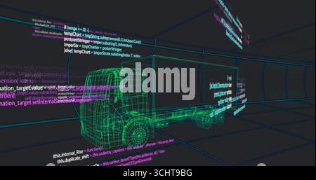 Displaying wireframe truck model rotating in 3D workspace, with floating code, copy space Stock Photo