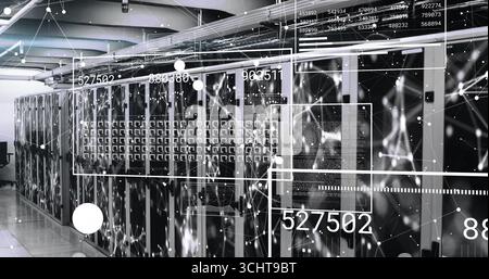 Showcasing row of server racks operating in data center, with blinking lights and digital overlay Stock Photo