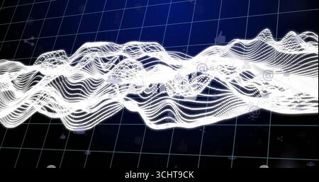 Flowing white wave representing data crossing 3D dark grid plane, with social media icons Stock Photo