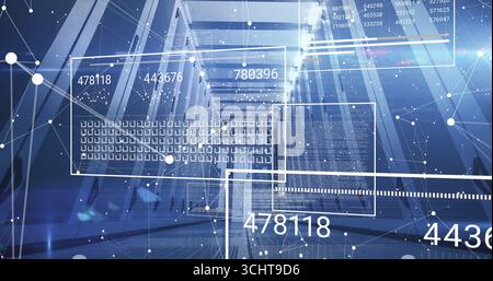 Illuminating data center corridor showing server racks, with cable trays and numeric UI panels Stock Photo