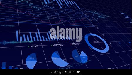 Displaying bar chart, pie and ring charts, line graphs with numeric labels in grid dashboard Stock Photo