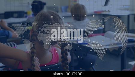 Sitting girl with braided hair, pink top studying in school classroom, with world map code overlay Stock Photo