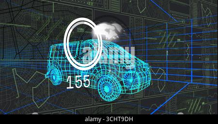 Displaying neon blue 3D wireframe SUV model in HUD interface, with numeric 155 and map overlay Stock Photo