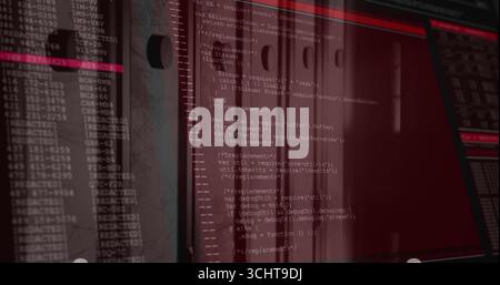 Displaying computer monitor showing editor and terminal log panels at tech workspace, red lighting Stock Photo