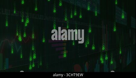 Displaying green binary streams on digital dashboard, with bar graphs, line charts, grid overlay Stock Photo