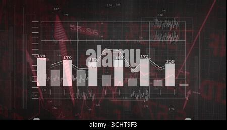 Displaying data visualization panel on red interface, with six bars, line graph and waveform traces Stock Photo