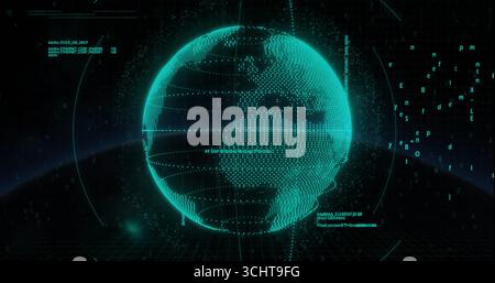 Rotating globe hovering over grid floor with floating code text symbols, circular arc overlay Stock Photo