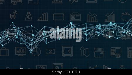 Displaying network graph on grid backdrop, featuring glowing blue nodes, lines and financial icons Stock Photo