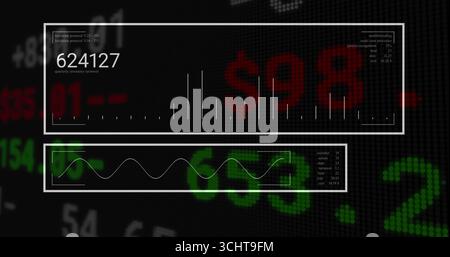 Displaying digital UI panels on grid background, presenting bar chart, waveform and numeric tickers Stock Photo