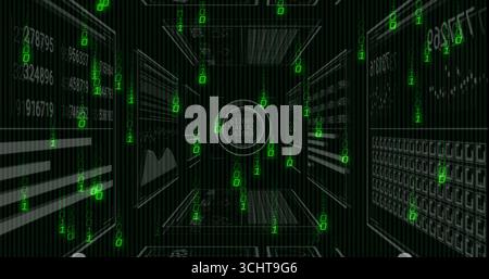 Displaying circular holographic gauge showing numeric data inside data corridor with binary streams Stock Photo