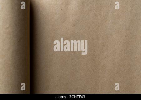 Blank page of brown open notebook, close up, copy space. Vintage paper texture background. Empty page with fiber pattern Stock Photo
