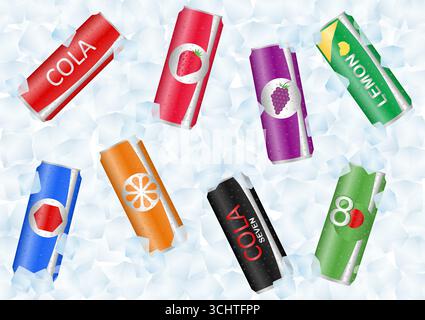 Soft drinks or Soda Cans in Ice Cubes. Vector Illustration. Stock Vector