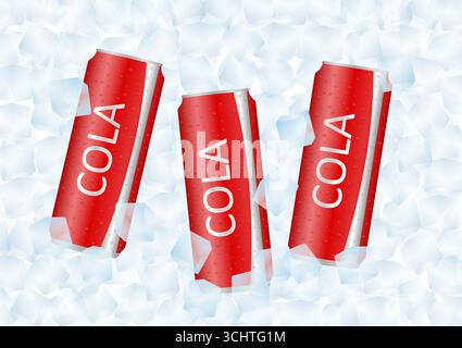 Soft drinks or Soda Cans in Ice Cubes. Vector Illustration. Stock Vector