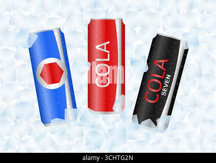 Soft drinks or Soda Cans in Ice Cubes. Vector Illustration. Stock Vector