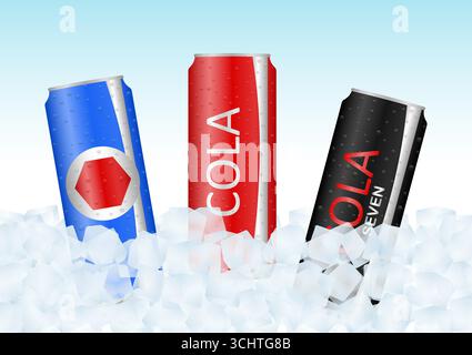 Soft drinks or Soda Cans in Ice Cubes. Vector Illustration. Stock Vector