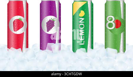 Soft drinks or Soda Cans in Ice Cubes. Vector Illustration. Stock Vector