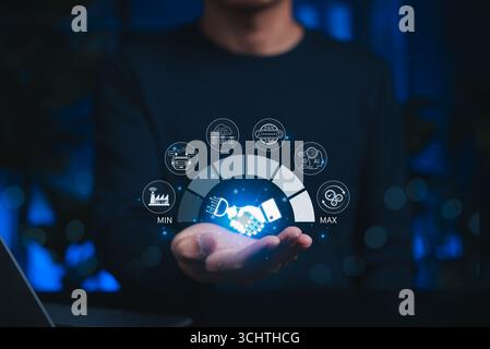 Human and AI collaboration concept. Person holding glowing handshake icon representing partnership between artificial intelligence and humans, Stock Photo
